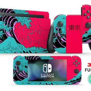 May include: A full set of Nintendo Switch console and Joy-Con skins featuring a Japanese wave design in black, pink, and blue. The design includes the word "Tokyo" in Japanese characters.