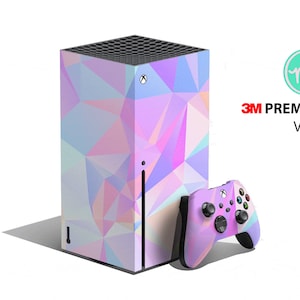 May include: A pink, blue, and white geometric patterned vinyl skin for the Xbox Series X console and controller. The skin is made with 3M premium vinyl.