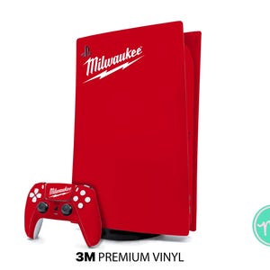 May include: A red and white PlayStation 5 console skin featuring the Milwaukee logo and a lightning bolt. The skin is made from 3M premium vinyl. A red PlayStation 5 controller is also pictured.