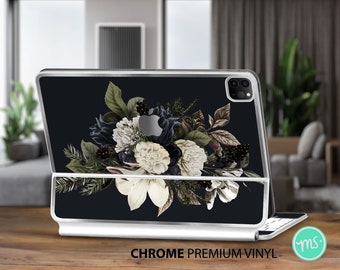 Black and white floral pattern on dark background iPad magic keyboard case premium vinyl skin with awesome METALLIC EFFECT for the Apple Key