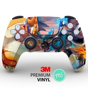 May include: A custom-designed video game controller featuring a vibrant graphic of a dragon-like creature with orange and blue flames. The controller has a white background and the text "3M Premium Vinyl".