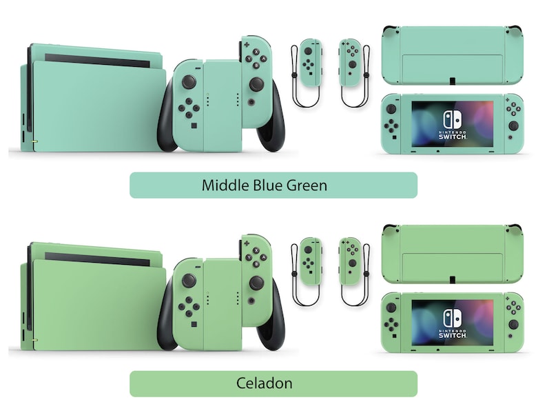 May include: Two Nintendo Switch consoles with different colored skins. The top console is a light blue-green color and the bottom console is a light green color. Both consoles have the Nintendo Switch logo on the front.