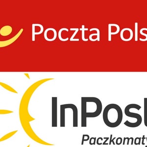 May include: A red logo with a yellow stylised bird and the text "Poczta Polska". Below is a white logo with a yellow sun and crescent moon and the text "InPost Paczkomaty".