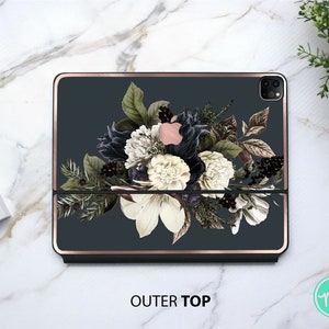 Black and white floral pattern iPad magic keyboard case premium vinyl skin with awesome METALLIC EFFECT for the Apple Keyboards for iPad Pro