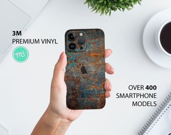 May include: A close-up of a phone case with a rusty metal design. The case is made of 3M premium vinyl and is available for over 400 smartphone models.
