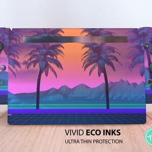 May include: A vibrant pink, orange, and blue Nintendo Switch skin featuring a retro-style sunset landscape with palm trees. The skin has a grid pattern at the bottom and the text "VIVID ECO INKS ULTRA THIN PROTECTION".
