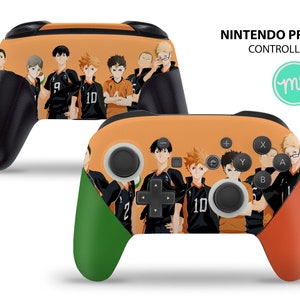 May include: A Nintendo Pro Controller with a custom skin featuring characters from the anime Haikyuu!! The skin is orange and features the characters in their volleyball uniforms. The text "NINTENDO PRO CONTROLLER" is printed on the top of the controller.