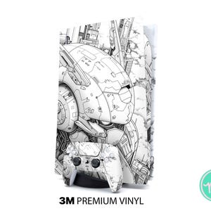 Puede incluir: Un juego de skins de vinilo blanco y negro para una consola de juegos y un mando, con una ilustración mecánica detallada. El mando y la piel de la consola tienen un diseño a juego. El texto "3M PREMIUM VINYL" está en la parte inferior.