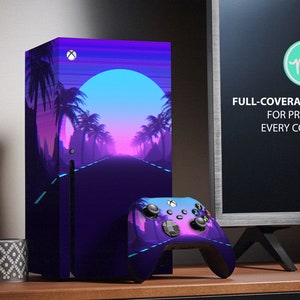 May include: An Xbox Series X console and controller with a vibrant, retro-style design featuring a road, palm trees, and a sunset in shades of purple, blue, and pink. The controller mirrors the console's design. The text on the screen says "FULL-COVERAGE KIT FOR PROTECT EVERY CORNER."