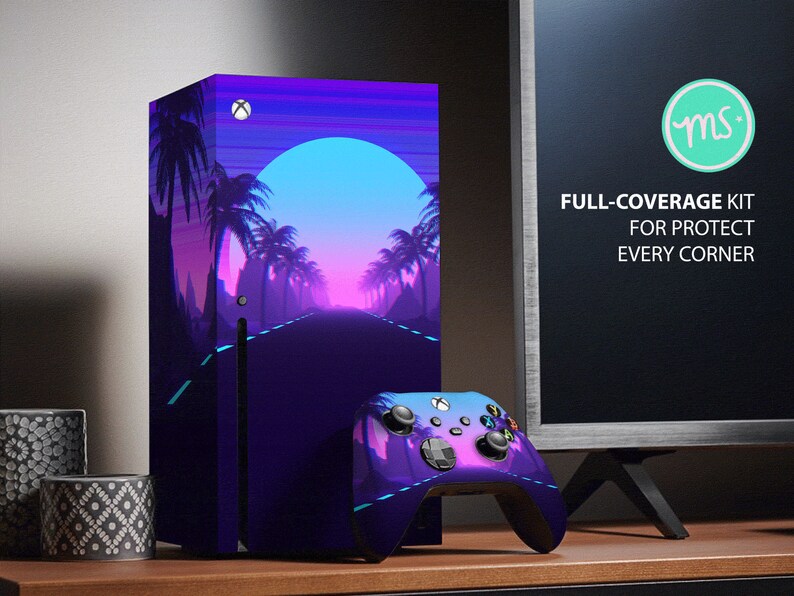 May include: An Xbox Series X console and controller with a vibrant, retro-style design featuring a road, palm trees, and a sunset in shades of purple, blue, and pink. The controller mirrors the console's design. The text on the screen says "FULL-COVERAGE KIT FOR PROTECT EVERY CORNER."