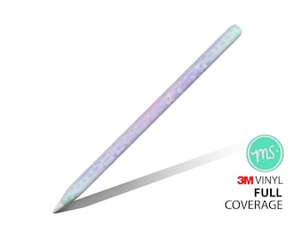 May include: A white and light blue Apple Pencil with a holographic design. The pencil is on a white background with a shadow. The text "3M VINYL FULL COVERAGE" is in red and white. The text "ms." is in a teal circle.