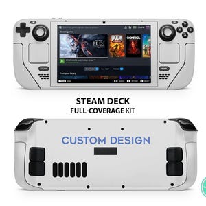 May include: A white Steam Deck gaming console with a full-coverage kit. The screen displays game titles. The text "STEAM DECK FULL-COVERAGE KIT" and "CUSTOM DESIGN" are visible. The console has black buttons and controls.