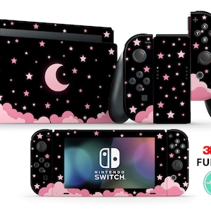Encantadora luna rosa entre estrellas centelleantes, fondo de vinilo premium 3M para Nintendo Switch, Nintendo Switch OLED y Nintendo Lite