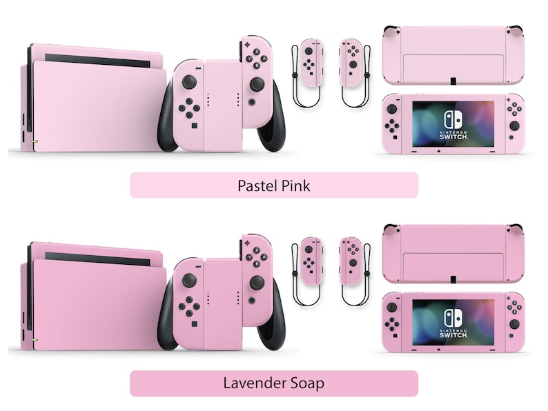 May include: Two sets of pink Nintendo Switch console skins, one set labeled "Pastel Pink" and the other labeled "Lavender Soap". Each set includes a console skin, two Joy-Con skins, and a screen protector.