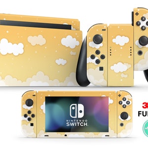 Puede incluir: Un conjunto completo de skins para la consola Nintendo Switch y los Joy-Con con un fondo amarillo con nubes blancas y un sutil efecto de brillo. El conjunto de skins incluye un skin para la consola, dos skins para los Joy-Con y un protector de pantalla. El conjunto de skins está hecho por 3M y está etiquetado como un conjunto completo.