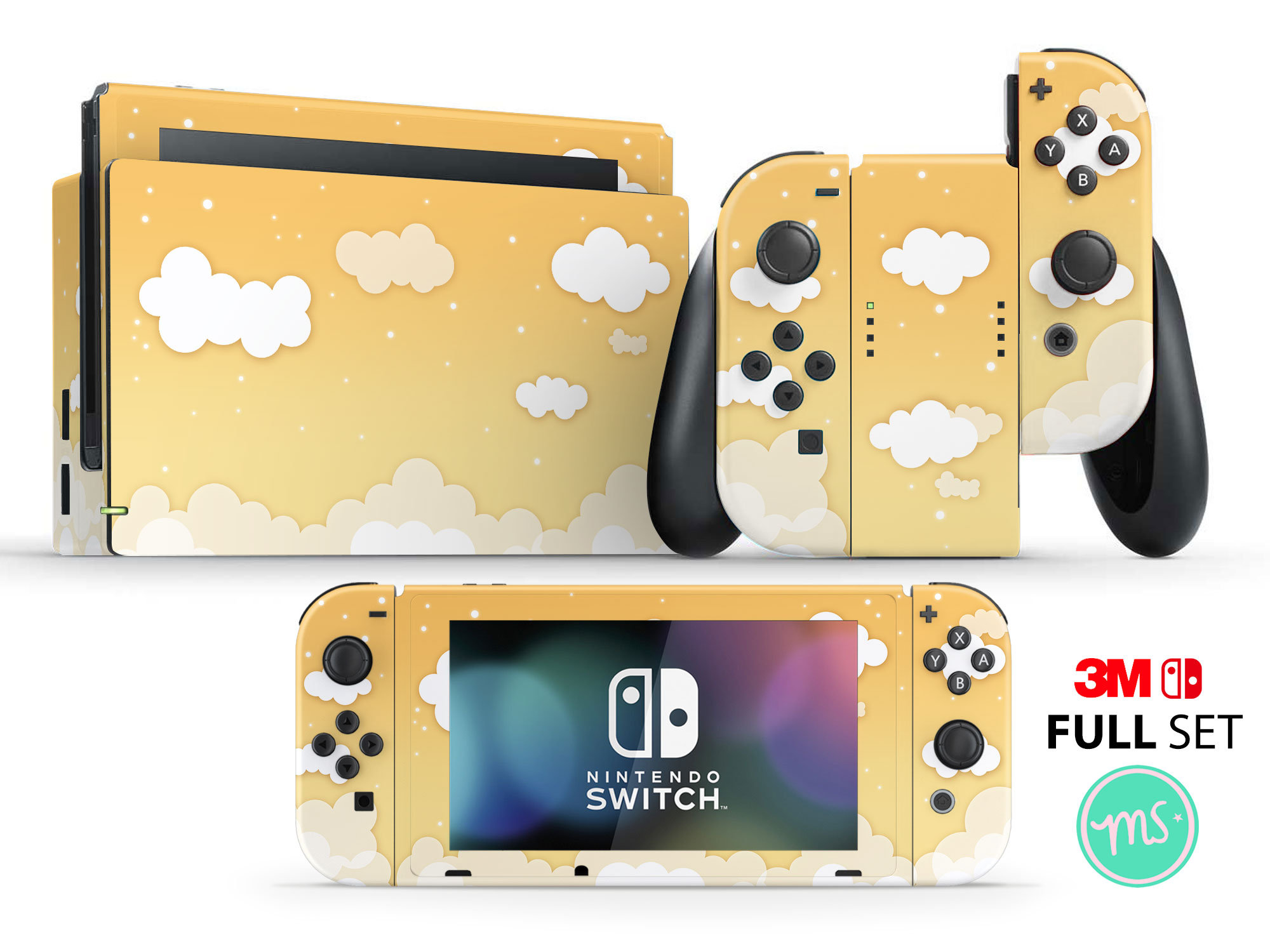 Vinilo adhesivo premium 3M con diseño de nubes de dibujos animados y estrellas sobre fondo dorado para Nintendo Switch, Nintendo Switch OLED y Nintend
