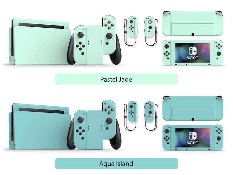 May include: Two Nintendo Switch consoles with different colored skins. The top console is a pastel green color with the text "Pastel Jade" below it. The bottom console is a lighter shade of green with the text "Aqua Island" below it.