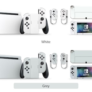 May include: Two Nintendo Switch consoles, one white and one grey, with matching Joy-Con controllers and a dock. The consoles are shown in both handheld and docked modes.
