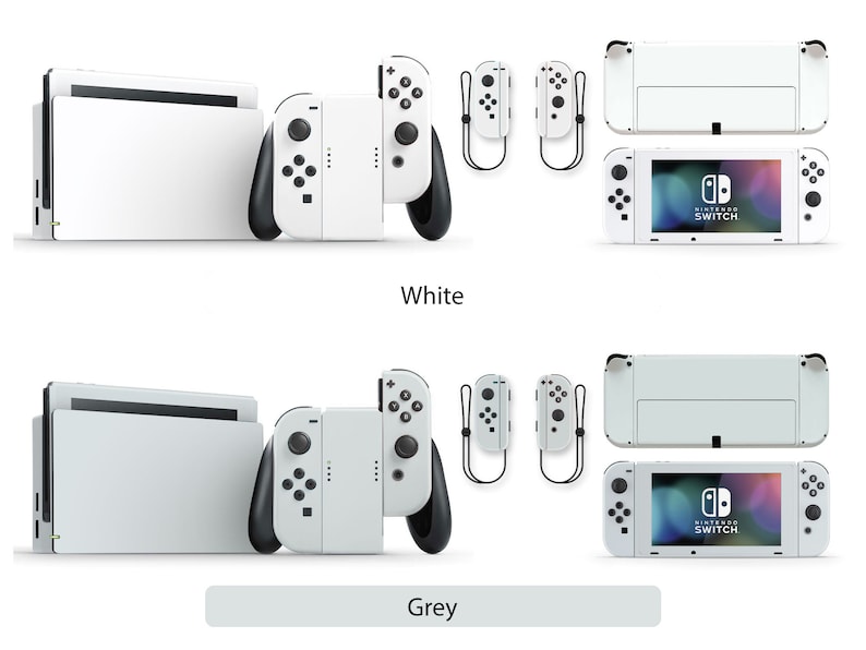 May include: Two Nintendo Switch consoles, one white and one grey, with matching Joy-Con controllers and a dock. The consoles are shown in both handheld and docked modes.