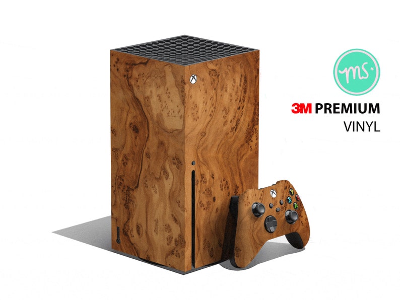 May include: A wood-grain patterned vinyl skin for the Xbox Series X console and controller. The skin is made with 3M premium vinyl and features a realistic wood grain design. The skin is easy to apply and remove, and it leaves no residue behind.