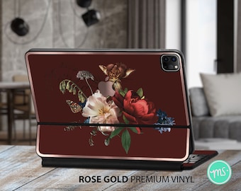 Floral composition on dark red background iPad magic keyboard skin premium vinyl skin with awesome METALLIC EFFECT for the Apple Keyboards f