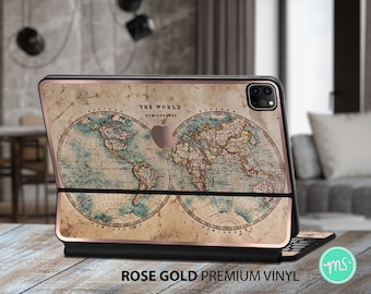 Vintage world map with hemispheres iPad magic keyboard case premium vinyl skin with awesome METALLIC EFFECT for the Apple Keyboards for iPad