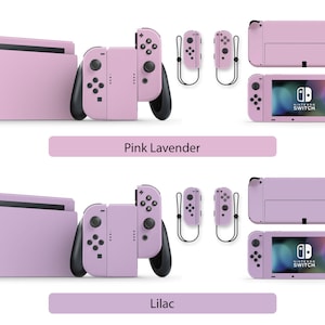 May include: Two sets of Nintendo Switch console skins in different shades of purple. The top set is labeled "Pink Lavender" and the bottom set is labeled "Lilac". Each set includes a skin for the console, two Joy-Con controllers, and a screen protector.