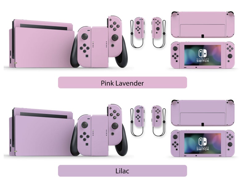 May include: Two sets of Nintendo Switch console skins in different shades of purple. The top set is labeled "Pink Lavender" and the bottom set is labeled "Lilac". Each set includes a skin for the console, two Joy-Con controllers, and a screen protector.