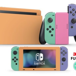 Könnte beinhalten: Ein vollständiges Set an Nintendo Switch Konsolen-Skins in Pastellfarben. Das Set beinhaltet einen Skin für die Konsole, die Joy-Con-Controller und das Dock. Der Konsolen-Skin ist orange, die Joy-Con-Controller sind mintgrün und rosa, und das Dock ist lila. Die Skins sind aus 3M-Vinyl gefertigt und lassen sich leicht anbringen und entfernen. Das Bild enthält auch den Text "3M FULL SET" und ein Logo mit den Buchstaben "ms".