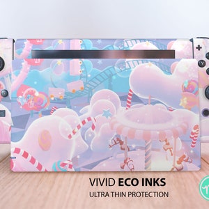 May include: A pink and blue Nintendo Switch console skin with a whimsical carnival theme. The design features a carousel, candy canes, and stars. The skin is made with Vivid Eco Inks and offers ultra-thin protection.