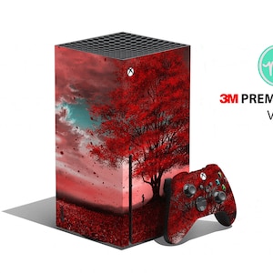 May include: A red and black Xbox Series X console skin with a red tree and falling leaves design. The skin is made with 3M premium vinyl.