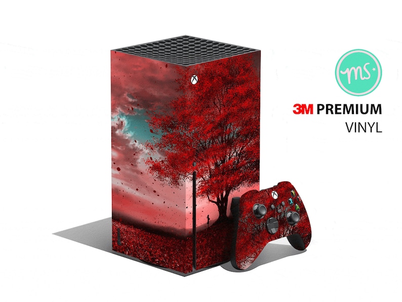 May include: A red and black Xbox Series X console skin with a red tree and falling leaves design. The skin is made with 3M premium vinyl.