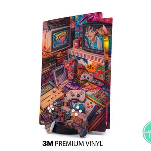 Könnte beinhalten: Eine farbenfrohe Vinyl-Haut für eine Spielkonsole mit einem Retro-Videospiel-Thema. Das Design umfasst Bilder von Vintage-Fernsehern, Spielkonsolen, Controllern und Spielkassetten. Die Haut ist mit "3M Premium Vinyl" beschriftet.