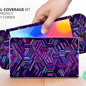 May include: A full-coverage kit for protecting a Nintendo Switch console. The kit features a colourful geometric pattern with purple, pink and blue lines on a black background. The text "FULL-COVERAGE KIT FOR PROTECT EVERY CORNER" is visible in the image.