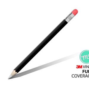 May include: A black pencil with a white tip and a pink eraser. The pencil is angled, casting a shadow on the white background. Text on the right side reads "3M Vinyl Full Coverage". A teal circle with the letters "ms" is also present.