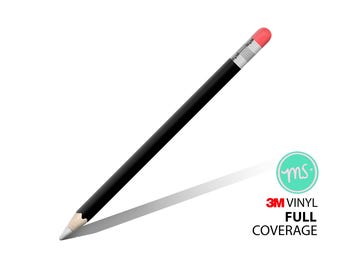 May include: A black pencil with a white tip and a pink eraser. The pencil is angled, casting a shadow on the white background. Text on the right side reads "3M Vinyl Full Coverage". A teal circle with the letters "ms" is also present.
