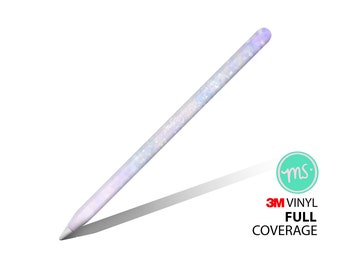 May include: A white Apple Pencil with a sparkly iridescent design. The design features a light purple and blue color scheme. The pencil is compatible with Apple devices and is covered with a 3M vinyl skin.