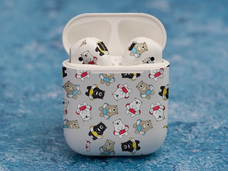 Cute teddy bears in a lifebuoy , skin for AirPods premium 3M vinyl for AirPods all models Beats Buds Samsung Galaxy Buds OnePlus Buds and o image 3