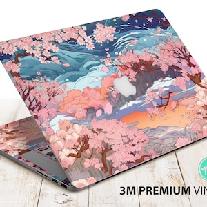May include: Laptop skin with a colorful floral design featuring pink cherry blossoms and blue water. The design is reminiscent of a Japanese landscape painting. The skin is made of 3M premium vinyl.