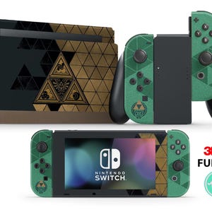 May include: A Nintendo Switch console, dock, and Joy-Con controllers featuring a green and gold geometric pattern with a central triangular emblem. The screen displays the Nintendo Switch logo. Text includes 3M FULL SET and a circular ms logo.