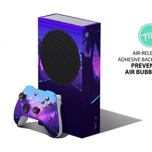 May include: A gaming console and controller with a vibrant purple and blue tropical sunset design. The console has a black circular vent and the controller has buttons and joysticks. The text on the image says "AIR-RELEASE ADHESIVE BACKING PREVENTS AIR BUBBLES."