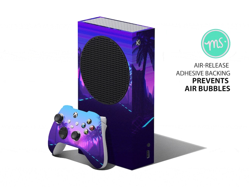 May include: A gaming console and controller with a vibrant purple and blue tropical sunset design. The console has a black circular vent and the controller has buttons and joysticks. The text on the image says "AIR-RELEASE ADHESIVE BACKING PREVENTS AIR BUBBLES."