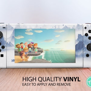 May include: White Nintendo Switch console skin with a blue and white watercolor mountain landscape design. The screen shows a video game scene with characters standing on a cliff overlooking the ocean. The text "HIGH QUALITY VINYL EASY TO APPLY AND REMOVE" is printed below the console.