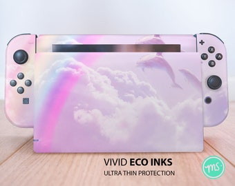 Pink sky with rainbow and dolphins Nintendo skin premium 3M vinyl skin for Nintendo Switch, Nintendo Switch OLED and Nintendo Lite