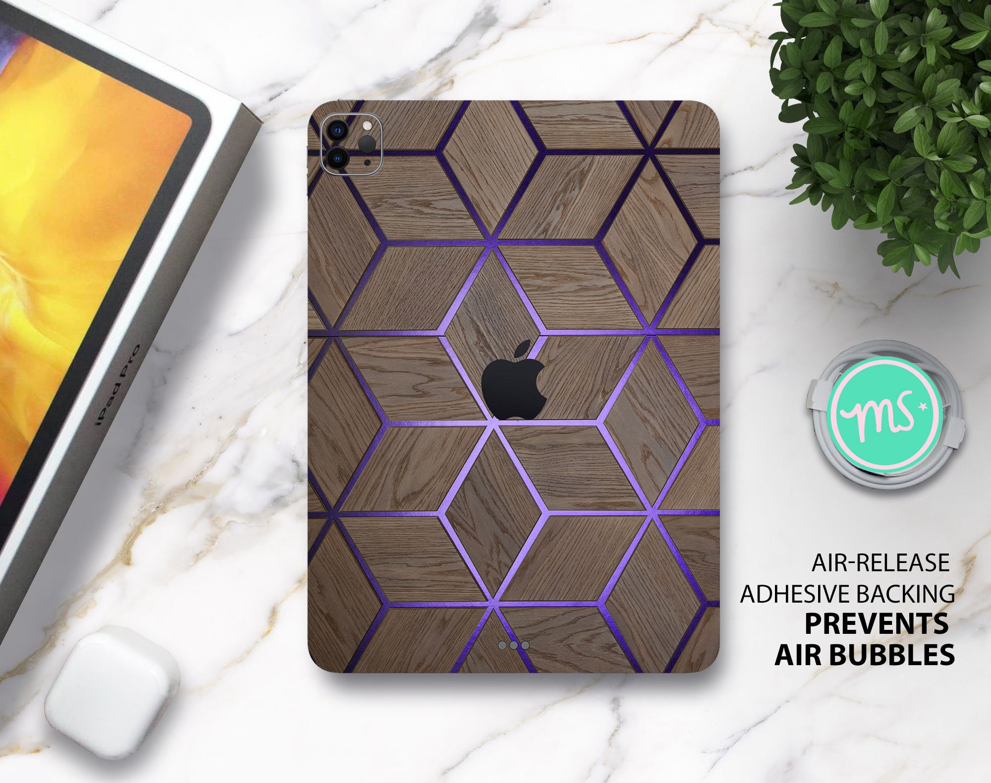 Wood and violet metal geometric pattern premium 3M skin for all iPad, Amazon Kindle and Samasung Galaxy Tabs models