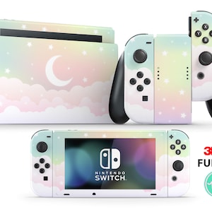 Może przedstawiać: Pełny zestaw akcesoriów do Nintendo Switch, w tym konsola, Joy-Cony i stacja dokująca, z pastelowym wzorem nieba z chmurami, gwiazdami i księżycem. Zestaw zawiera tekst "Nintendo Switch" i "3M Full Set".
