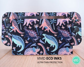 Cute dinosaurs pattern Nintendo skin dark background OLED dinosaurs pattern Cute dinosaurs drawn Nintendo dock pink and blue 3DS XL