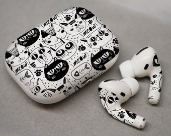 Schwarz-weiße lustige Katzen, Aufkleber für AirPods Premium 3M Vinyl für AirPods alle Modelle Beats Buds Samsung Galaxy Buds OnePlus Buds und andere