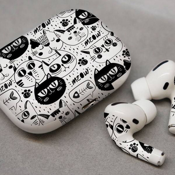 Black and white funny cats , sticker for AirPods premium 3M vinyl for AirPods all models Beats Buds Samsung Galaxy Buds OnePlus Buds and oth