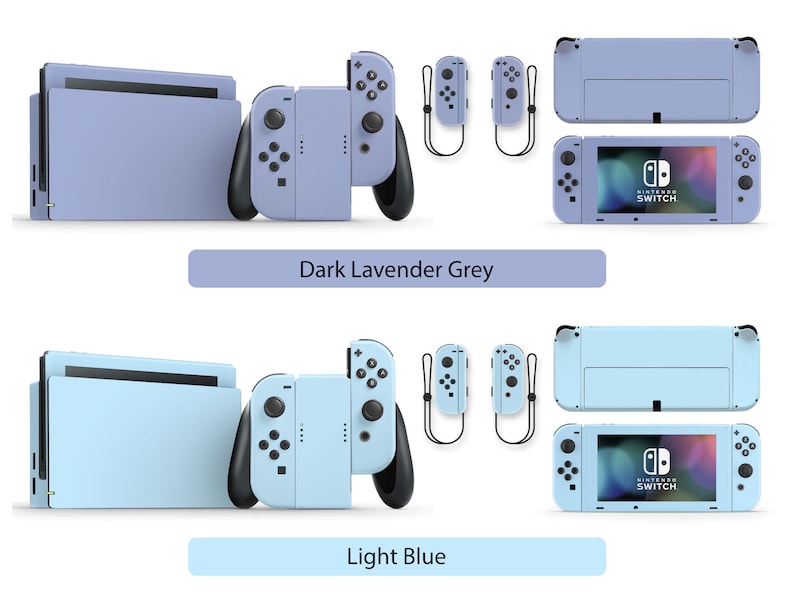 May include: Two Nintendo Switch consoles with different colored skins. The top console is a dark lavender grey and the bottom console is a light blue. Both consoles have black Joy-Cons and a Nintendo Switch logo on the screen.